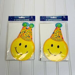 5th Birthday Invitations x 16 NIP Smiley face Party Hat Yellow